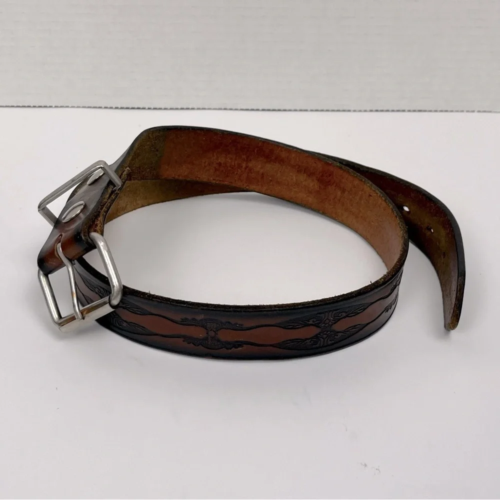 Brown tooled leather belt, unisex, approximately 34” see measurements in photos.
